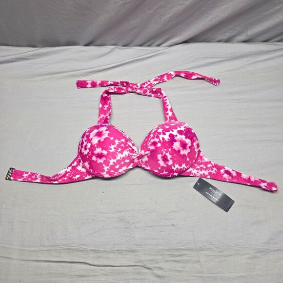 Bisou Bisou Other - Bisou Bisou Pink/White Floral Halter Padded Lined Bikini Top 34D Sz L